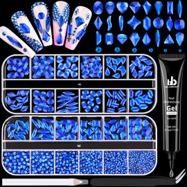 Royal Blue Glass Nail Rhinestones - 1680 Pcs Multi Shapes + 1500 Pcs Round Crystal with Glue Gel for Nail Art