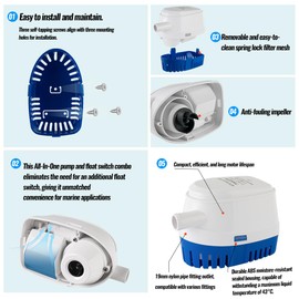 Automatic Boat Bilge Pump 12V 750GPH with Float Switch – Submersible Marine Drain Pump with 3/4 Inch (19mm) Outlet – Compact Water Removal for Boats and Yachts
