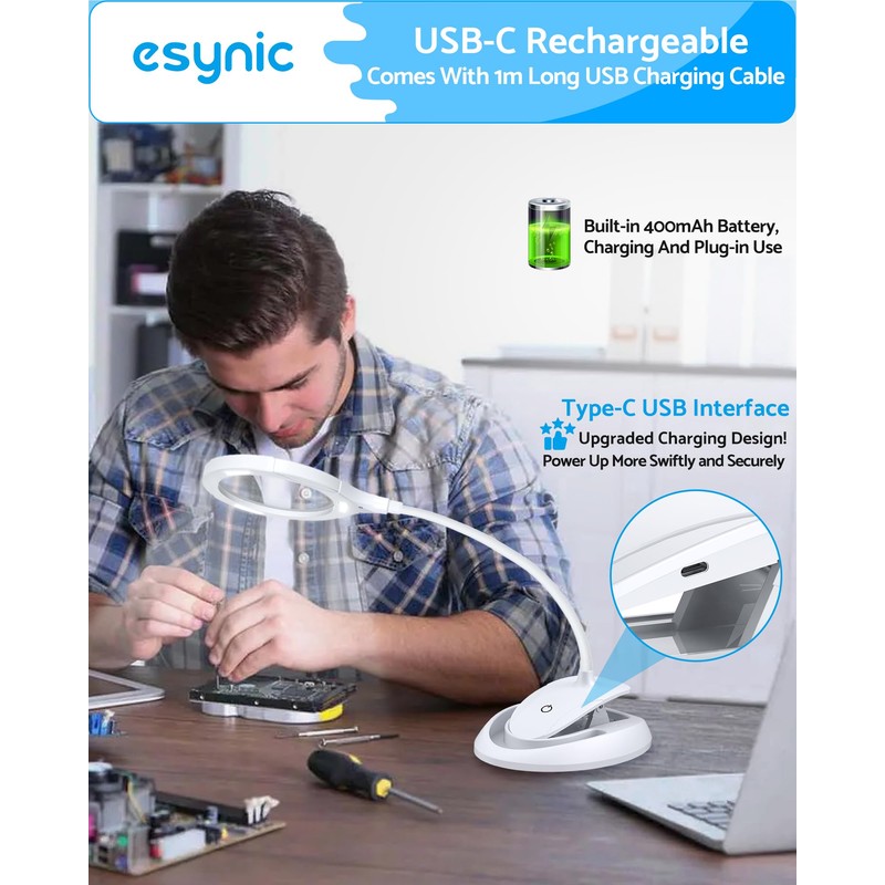 eSynic Desktop Magnifying Glass with Light-Rechargeable 800mAh LED Magnifier –
