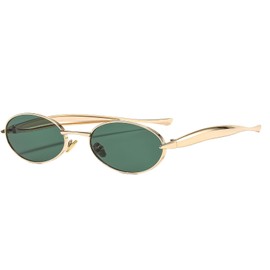 Long Keeper Retro Metal Oval Sunglasses for Women Men 90s Vintage Trendy Slim Oval Sun Glasses UV400 Protection Fashion Shades (Gold Green)