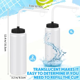 Domensi 2 Pack 1 Liter Sports Water Bottle W/Long Straw Hockey Lacrosse Water Bottle with Straw BPA Free Easy Squeeze Plastic Use W/Sport Helmet in Football Baseball Gym Yoga (Translucent)