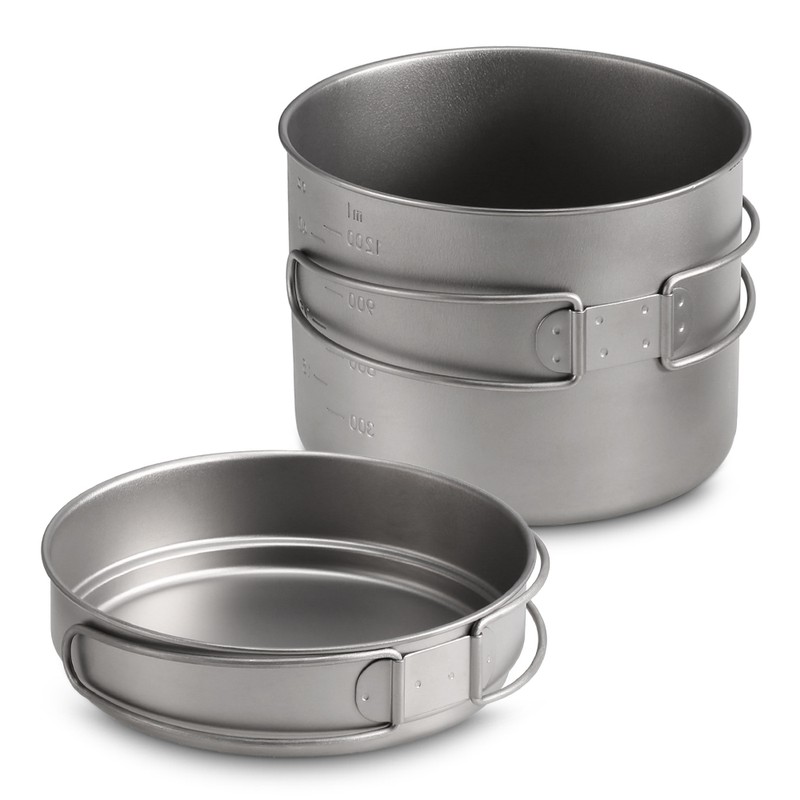 1100ML / 1600ML Titanium Pot Pan Set Super Lightweight Camping