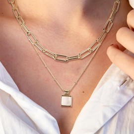 XILAZAB Gold Plated Layered Choker Necklace for Women Dainty Gold Parperclip Chain Link Double Necklace Elegant Mother of Pearl Pendant Stacked Necklace for Women Grils Gifts…