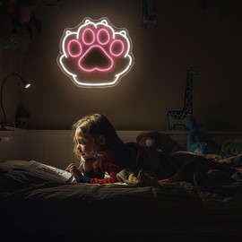 Paw Print Neon Sign for Wall Decor, Girl Cave Sign, Cute Dimmable Neon Light for Children's Room Teen Girl Room Game Room Decor, 16.00 x 14.69 Inches
