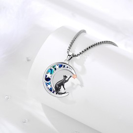 LOOVE Animal Necklace for Women Sterling Silver Black Cat Necklace Abalone Shell Crescent Moon Necklace Animal Jewelry