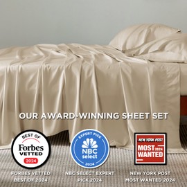 Bedsure Queen Sheet Set, Rayon Derived from Bamboo, Cooling Sheets, Deep Pocket Up to 16", Breathable & Soft, Hotel Luxury Silky Bedding for Hot Sleepers, Beige