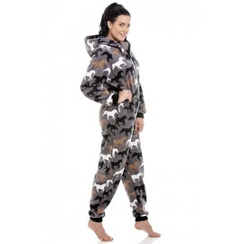 Camille Womens Super Soft Fleece Hooded Various Print All in One Onesies 10-12 Grey Horse