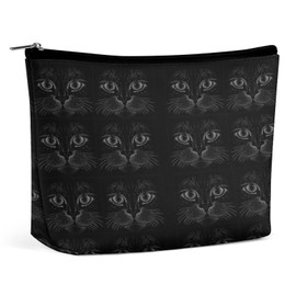 Women PU Leather Cosmetic Bag, Toiletry Storage 6.8x5.9x2.3 in Zipper Pouch Handbag Makeup Case Purse Holder Organizer Print Black Cat Face on Dark