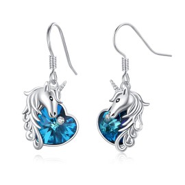 Freesloth Unicorn Earrings 925 Sterling Silver Dangle Earrings Hypoallergenic Drop Blue Crystal Earrings Hanging Unicorn Gifts Jewelry for Women