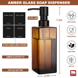 GMISUN Amber Glass Soap Dispenser, Hand Soap Dispenser with Stainless Steel Pump for Bathroom, 12 fl oz/350ml Refillable Dish Dispensers for Kitchen, Modern Liquid Lotion Bottles for Countertop