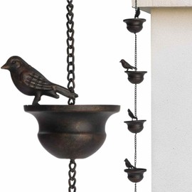 Gutter Rain Chain, Outdoor Rain Chain, Bird on Cup Gutter Downspout Mobile, 7.8ft Dark Bronze Attached Hanger, Water Diverting Porch Decor, Housewarming Home Decor Gift Idea