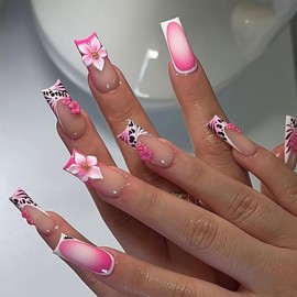 Shimmerz 24 Pieces Medium Length French Tip False Nails Leopard Print Pink Flower Nail Art Designs Cute Leopard Nails 3D Flowers For Ladies