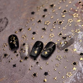 5D Embossed Star Nail Stickers for Nail Arts Self-Adhesive Gold Nail Art Stickers Black Gold Star Glitter Designs Nail Art Supplies Chrome Nail Decals for Women Girls Acrylic Manicure Salon Decoration