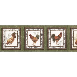CONCORD WALLCOVERINGS ™ Wallpaper Border Vintage Pattern Roosters in Frames for Cottage Kitchen Dining Room, Green Beige Brown, 15 ft by 8 in ‎5506053