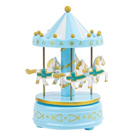 RP Remarkable Power, Blue Carousel Music Box Merry-Go-Round Horse Musical Box with 4 Houses for Home Wedding Birthday Gift Decoration
