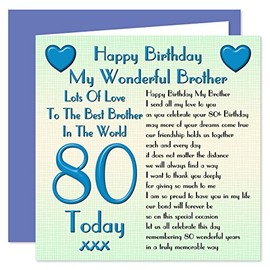 Brother 80th Happy Birthday Card - Lots Of Love To The Best Brother In The World - 80 Today