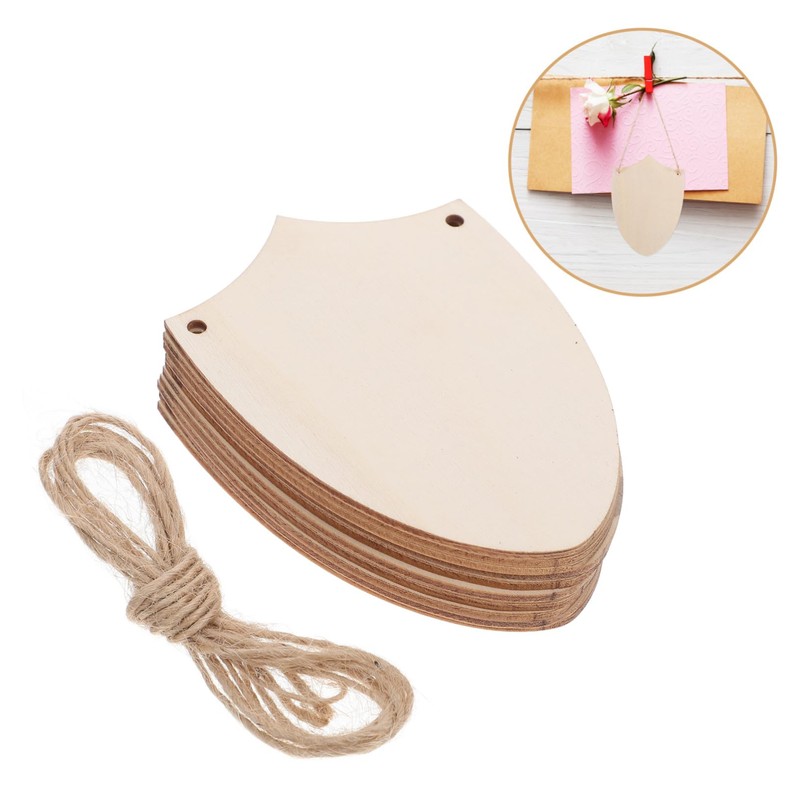 DOITOOL 10Pcs Wooden Shield Cutouts with Jute Twine Unfinished Blank