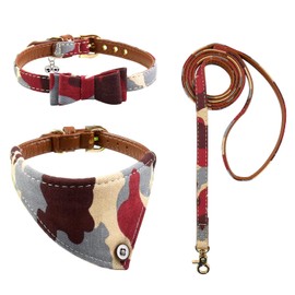 Juego de 3 bandanas de perro con corbatín y correa a cuadros, camuflaje, lunares, flores, con campana, 3 tamaños ajustables para perros pequeños, cachorros y gatos (M, camuflaje 2)