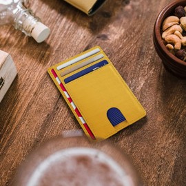 AMEHA Men's Minimalist Slim Wallet Front Pocket Genuine Leather RFID Blocking Business Card Holder with ID Window, yellow, Minimalist wallet