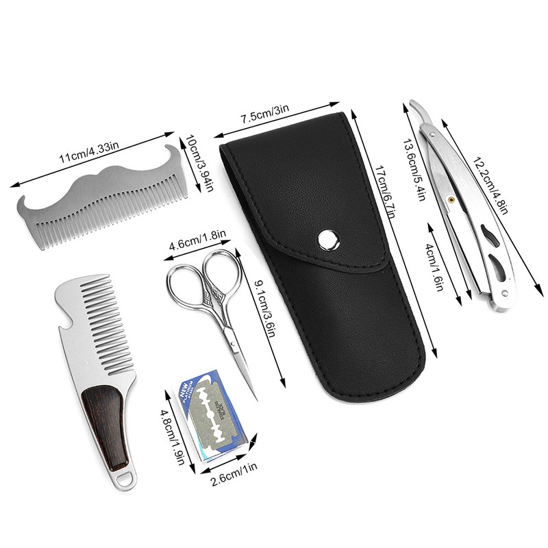 6pcs Beard Kit Shaving Knife Blade Beard Brush Scissors Storage