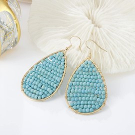 Winssigma Turquoise Teardrop Earrings, Boho Colorful Beads Gold Hoop Earrings for Women Bohemian Jewelry(Turquoise2)