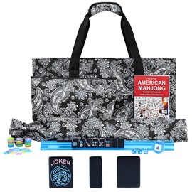 American Mahjong Game Set, 166 Black Tiles (1.2”), 4 All-in-One Color Rack/Pushers & Drawstring Bag, Complete Mahjong Set with Black Carrying Bag and Mahjong Tiles Set Accessories