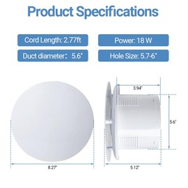 WiseWater Bathroom Round Exhaust Fan, 140CFM 35dB 6'' Duct 8.3" Panel ABS Vent Fan Wall-mounted Extractor Fan with Accessories for Bathroom, Laundry Room, Bedroom, Office