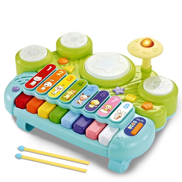 fisca 3 in 1 Musical Instruments Toys, Electronic Piano Keyboard Xylophone Drum Set - Learning Toys with Lights for Baby & Toddler 1 2 3 Year Old Boys and Girls