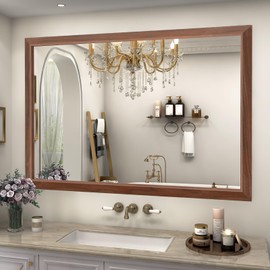 SMIROR 44 x 30 Inch Rustic Bathroom Mirror for Over Sink, Brown Walnut Metal Framed Farmhouse Rectangle Vanity Mirrors for Wall, Wooden Grain, Thick Frame, (Horizontally/Vertically)