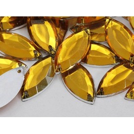 Allstarco 20x9mm Gold Topaz CH16 Navette Flat Back Sew On Beads for Crafts Plastic Acrylic Rhinestones with Holes for Sewing, Clothing Embelishments, Costume Cosplays 50 Pieces