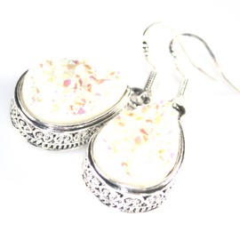 SILVER Vintage Style White Rainbow Titanium Druzy Teardrop Earrings
