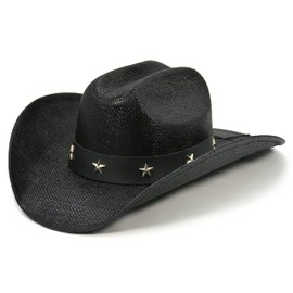 FLUFFY SENSE. Cowboy Hat for Women and Men - Straw Cattleman Crease Western Hats with Upgrade 4 inches Shapeable Wide Brim (Black)