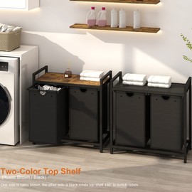 LAATOOREE Laundry Hamper, Two-Color 2 × 48L Laundry Basket with 2 Removable Laundry Sorter Bags and Top Shelf, Clothes Hamper for Laundry Room, Bathroom