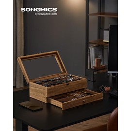 SONGMICS 12-Slot Watch Box, 2-Tier Watch Display Case with Large Glass Lid, Removable Watch Pillows, Velvet Lining, Jewelry Box, Gift Idea, Rustic Walnut UJOW012K01