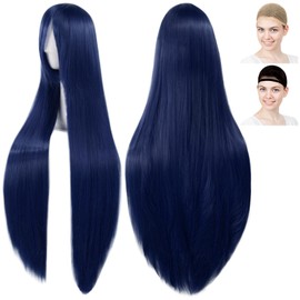 CaseEden 6160 Premium Cosplay Wig, Smooth, Long, Straight 39.4 inches (100 cm), Blue Black, Blue Black