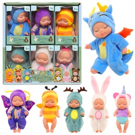 ENOCHT 6 Pcs 4 Inch Mini Small Baby Dolls Toys Set Realistic Baby Dolls Reborn Tiny Babies with Animal Clothes Gifts for Girls Boys Birthday Christmas