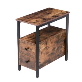 HOOBRO End Table, Narrow Chairside Table with 2 Drawer and Open Storage Shelf, Nightstand for Small Spaces, Stable and Sturdy Construction, Wood Look Accent Furniture, Rustic Brown and Black BF54BZ01