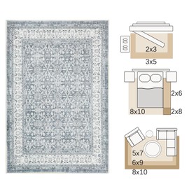 jinchan Washable Area Rug 6x9 - Low Pile Faux Wool Living Room Rug Vintage Grey Floral Print Stain Resistant Ultra-Thin Non-Slip Large Rug Indoor Distressed Boho Carpet Bedroom Dining Room Farmhouse