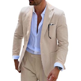 Seersucker Slim Suits Men Formal Summer Beach Wedding Grooms 2 Piece Blazer Pants Party Striped Suit Khaki M