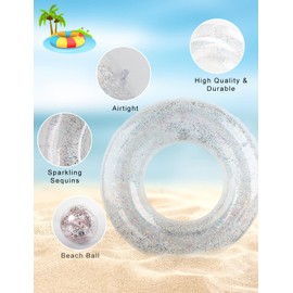 Pukitt 2Pcs Swimming Ring Adults, Colorful Sequins Swim Ring With Beach ball, Transparent Floating Ring, Durable Inflatable Pool Floats, Swimming Ring Tube For Summer Pool Party And Water Sports