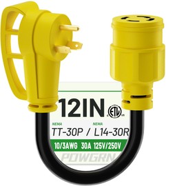 POWGRN 30 Amp to 30 Amp RV Generator Adapter Cord 1FT(12 Inch), NEMA TT-30 Male Plug to NEMA L14-30 Female Plug, 3 Prong Heavy Duty Power Cord, 10 Gauge STW, 30A 125V/250V, Black-Yellow, ETL Listed