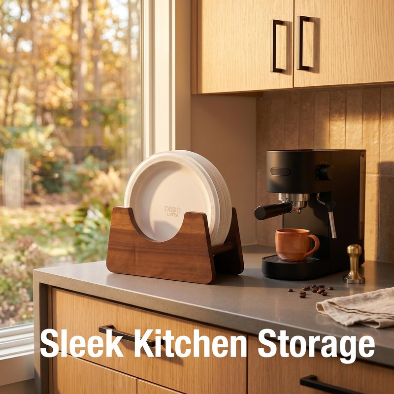 Wooden Paper Plate Holder, Kitchen Countertop Storage for 6-10 Inch