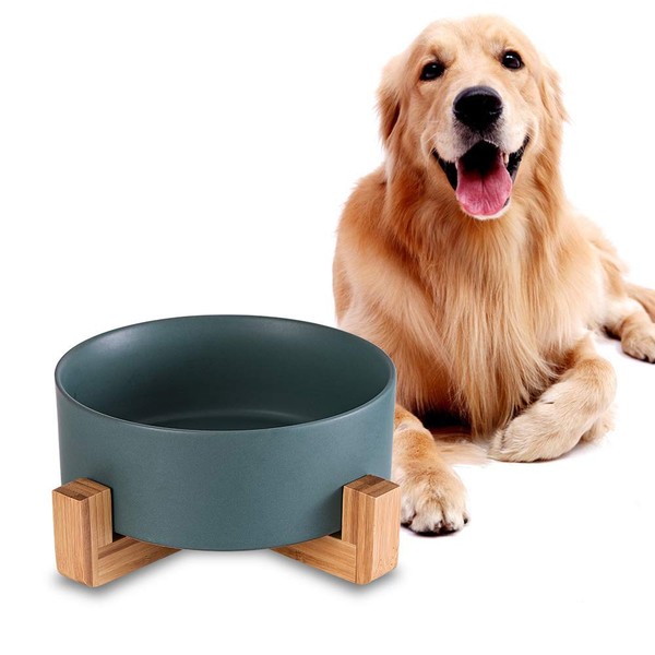 Green Ceramic Dog Bowls with Wood Stand, Dog Water Bowls and Food Dish, Heavy Weighted or No Tip Over Dog Comfort Food Bowls, Stoneware Pet Bowl,Extra High Capacity 8.4" Diameter, for Large Dogs