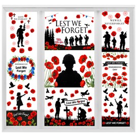 WIURGOHA Lest We Forget Window Stickers for Remembrance Day, 9 Sheets Poppy Window Cling 80th Anniversary VJ Day Decorations for 11th November Indoor Windows Decorations Decals