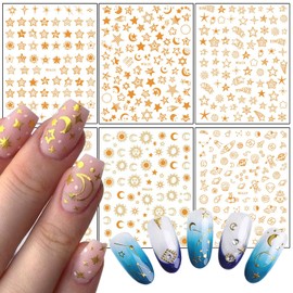 Gold Nail Art Stickers, Sun Moon Stars UFO Earth Rocket Alien Nail Self-Adhesive Sticker Designs, 3D Glitter Gold Nail Transfer Decals Supplies for Women Manicure Charms Decorations, DIY Nail Decal