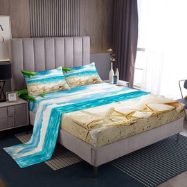 Erosebridal Beach Themed Sheets Blue Ocean Bed Sheets Queen Seashell Starfish Printed Sheet Set Beach Coastal Fitted Sheet for Kids Teens Adults Soft (1 Flat Sheet + 1 Fitted Sheet + 2 Pillowcases)