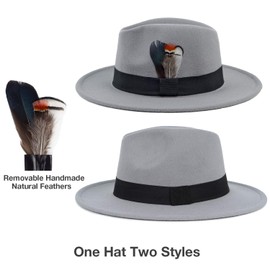 FADACHY Classic Fedora Hat for Men & Women Wide Brim Felt Hat Panama Dress Hat Grey Fedora