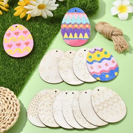 KitBeads 100Pcs Random Easter Egg Wooden Cutouts Unfinished Egg Wood Hanging Ornament Blank Oval Wooden Cutouts for Crafts DIY Painting Home Decor
