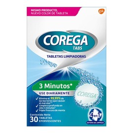 Corega Tabletas Limpiadoras 3 Minutos, Limpiador de Prótesis Dentales, 30 Tabletas Efervescentes                                                      