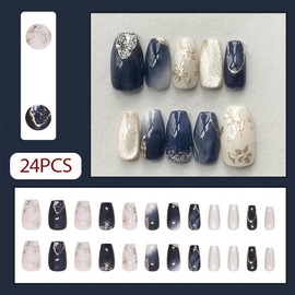 WAFOLOZE Nails Press on, Almond Press on Nails Medium Girls Fake Nails with Peach Blossom Print & Silver Cat's Eye Design, Acrylic Artificial False Nails Press Ons Floral Glue on Nails For Women